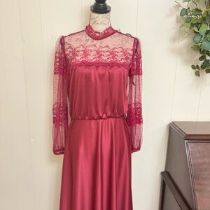 VTG 12 JCPenney cranberry red lace Satin Maxi dress formal Christmas dress